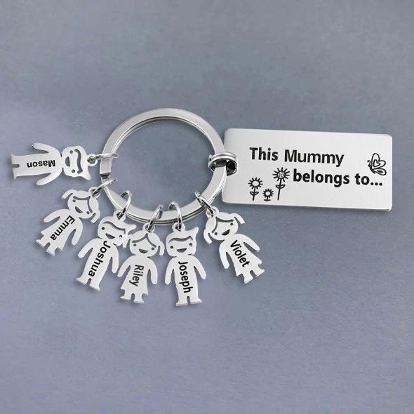 Personalized 'This person belongs to' keyring, stainless steel, up to 6 engraved child charms, 7.1-17.1g.