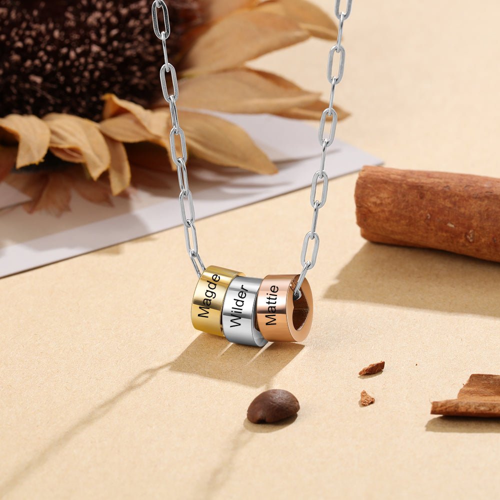 Personalized three bead name necklace, silver/gold/rose gold, stainless steel, 45+5cm, 13.5g.