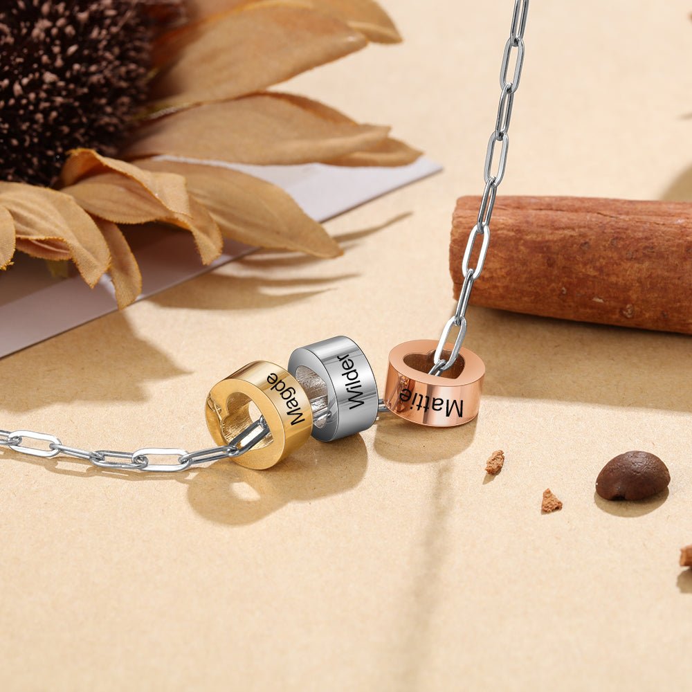 Personalized three bead name necklace, silver/gold/rose gold, stainless steel, 45+5cm, 13.5g.