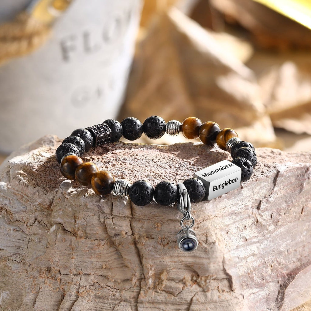 Tiger Eye Bracelet with Custom Photo Projection, Personalized Bracelet, Photo Jewelry, Custom Gift for Her, Unique Keepsake - Engraved Memories