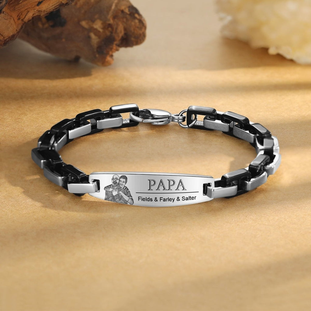 Two Tone Stainless Steel Chain Bracelet - Personalised Fist Bump and Names - Father's day Gift - Engraved Memories