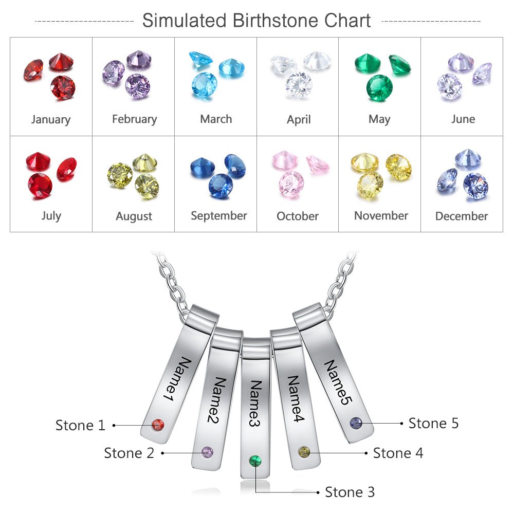 Personalized stainless steel vertical birthstone necklace, up to 5 bar pendants with names/dates, 45+5cm, white gold plated.