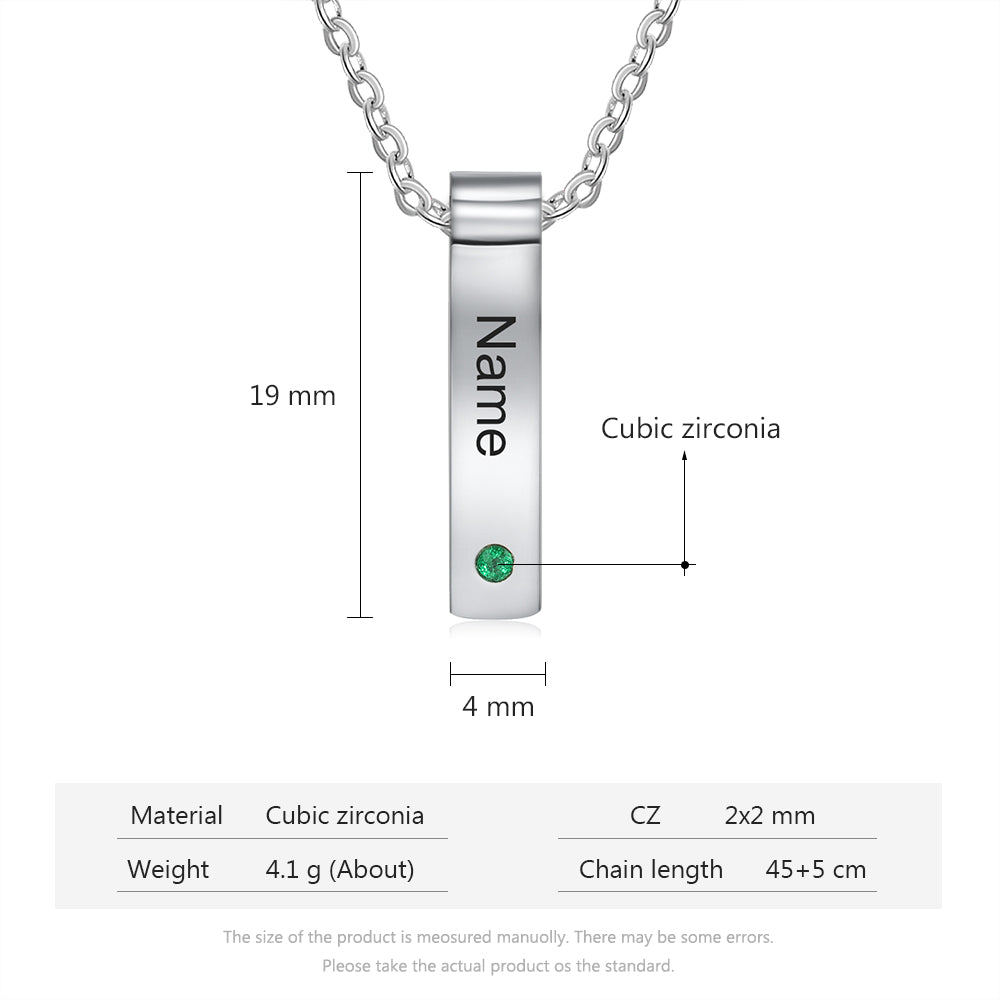 Personalized stainless steel vertical birthstone necklace, up to 5 bar pendants with names/dates, 45+5cm, white gold plated.