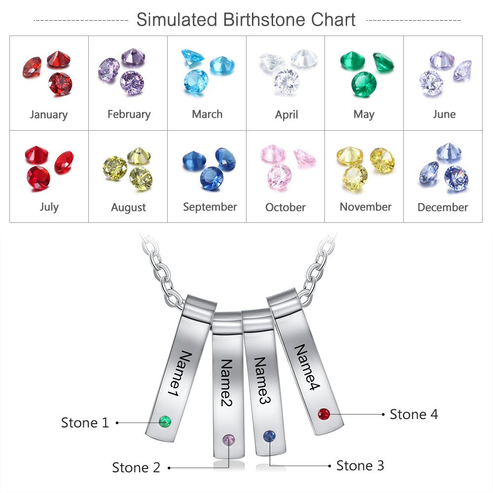 Personalized stainless steel vertical birthstone necklace, up to 5 bar pendants with names/dates, 45+5cm, white gold plated.