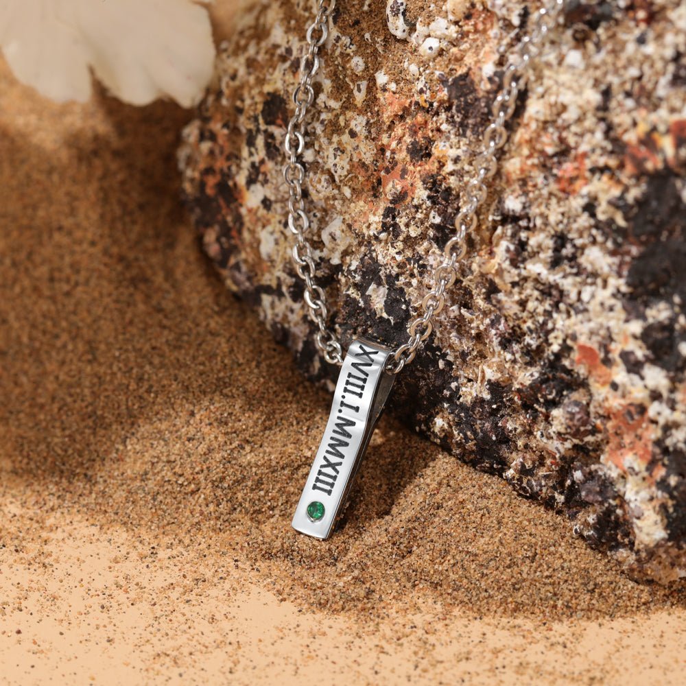 Personalized stainless steel vertical birthstone necklace, up to 5 bar pendants with names/dates, 45+5cm, white gold plated.
