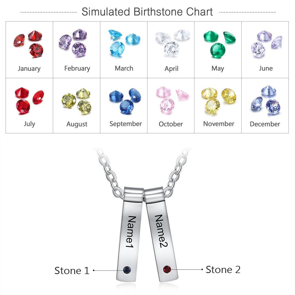 Personalized stainless steel vertical birthstone necklace, up to 5 bar pendants with names/dates, 45+5cm, white gold plated.