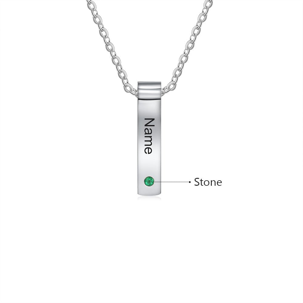 Personalized stainless steel vertical birthstone necklace, up to 5 bar pendants with names/dates, 45+5cm, white gold plated.