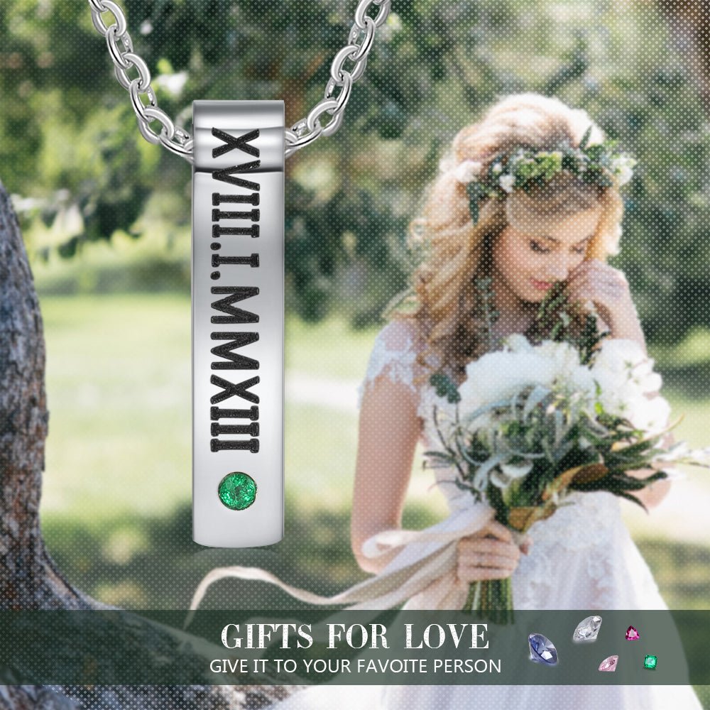 Personalized stainless steel vertical birthstone necklace, up to 5 bar pendants with names/dates, 45+5cm, white gold plated.
