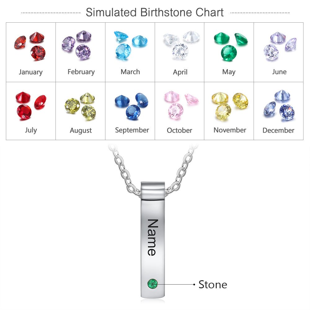 Personalized stainless steel vertical birthstone necklace, up to 5 bar pendants with names/dates, 45+5cm, white gold plated.