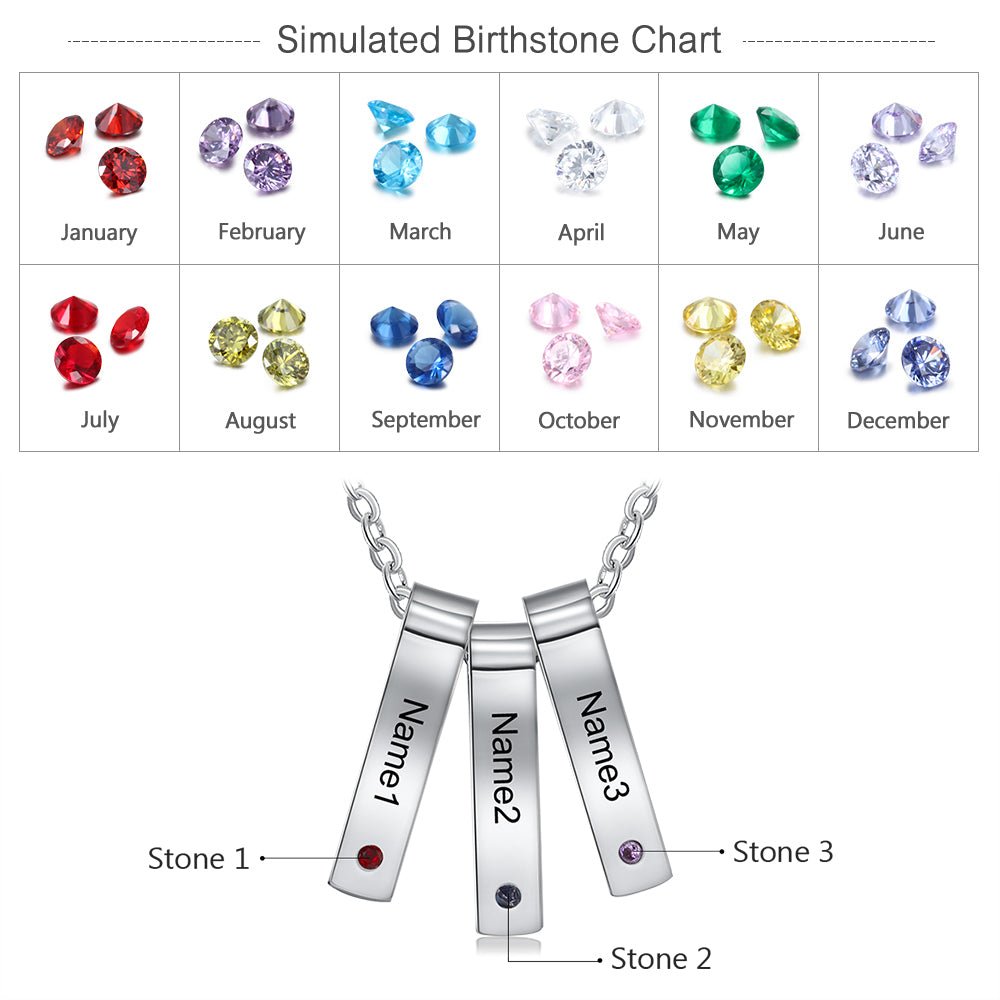 Personalized stainless steel vertical birthstone necklace, up to 5 bar pendants with names/dates, 45+5cm, white gold plated.