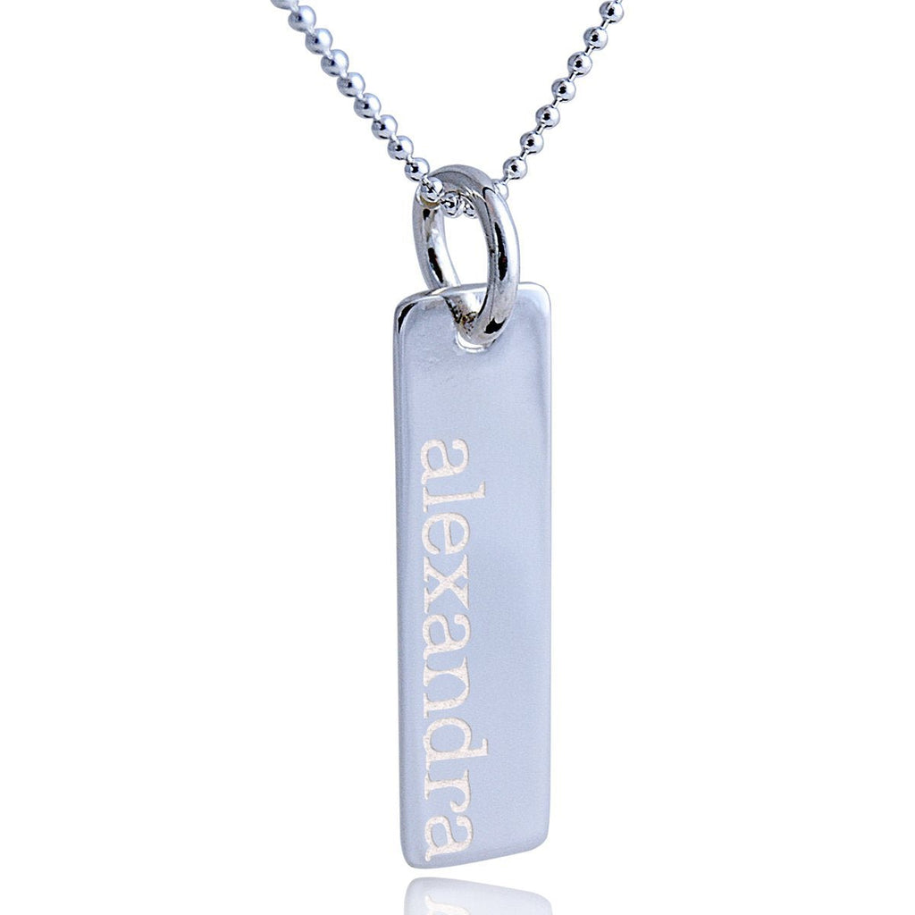 Customizable sterling silver bar pendant necklace, perfect for anyone. Engrave up to 30 characters on both sides.