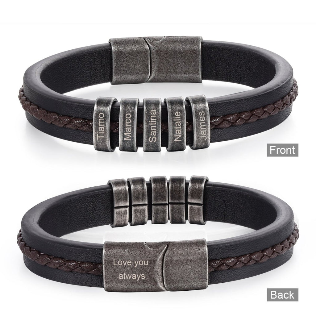 Vintage leather and steel bracelet for men, personalized name tags, classic design, perfect gift.
