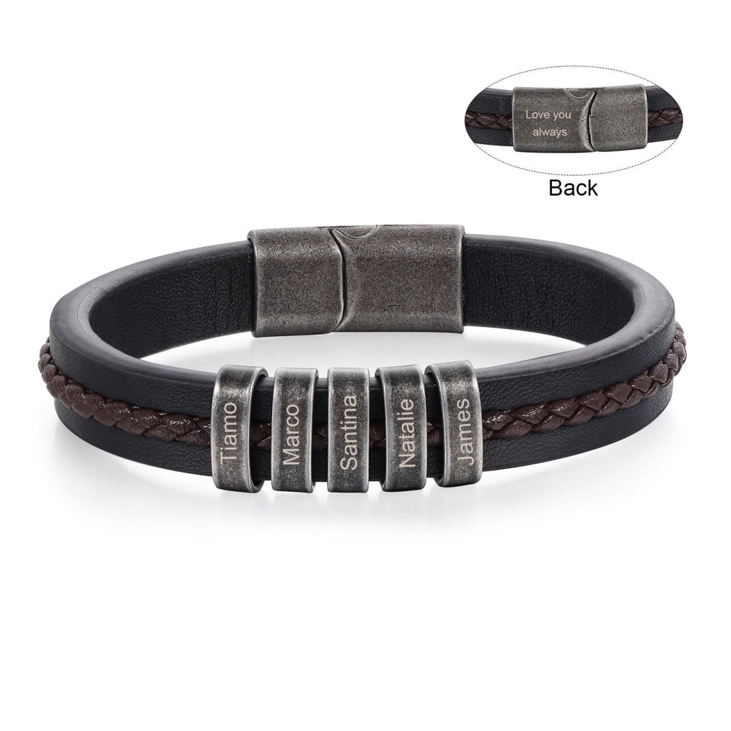 Vintage leather and steel bracelet for men, personalized name tags, classic design, perfect gift.