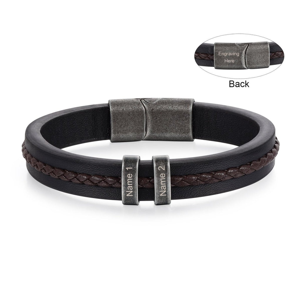 Vintage leather and steel bracelet for men, personalized name tags, classic design, perfect gift.