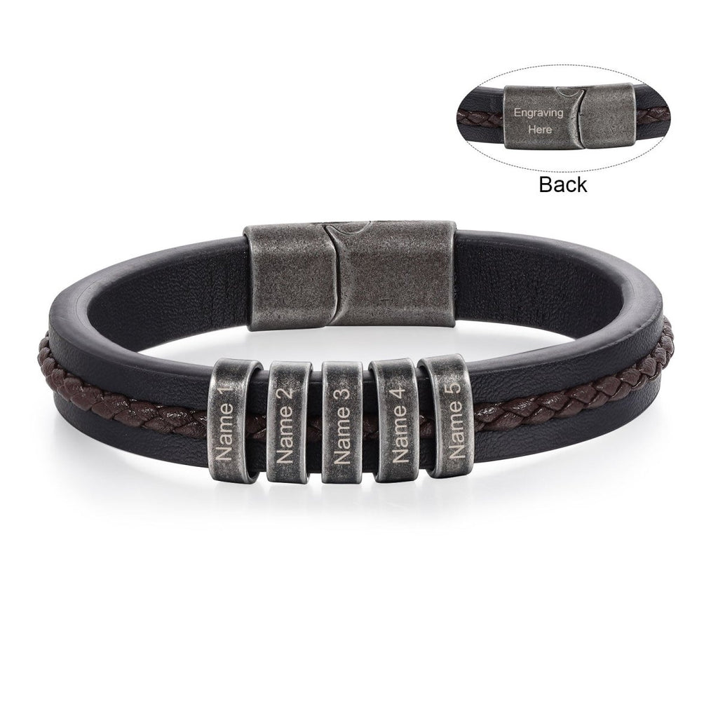 Vintage leather and steel bracelet for men, personalized name tags, classic design, perfect gift.