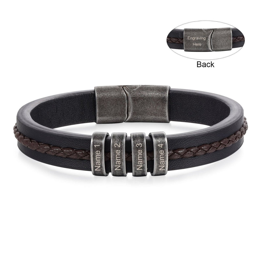 Vintage leather and steel bracelet for men, personalized name tags, classic design, perfect gift.
