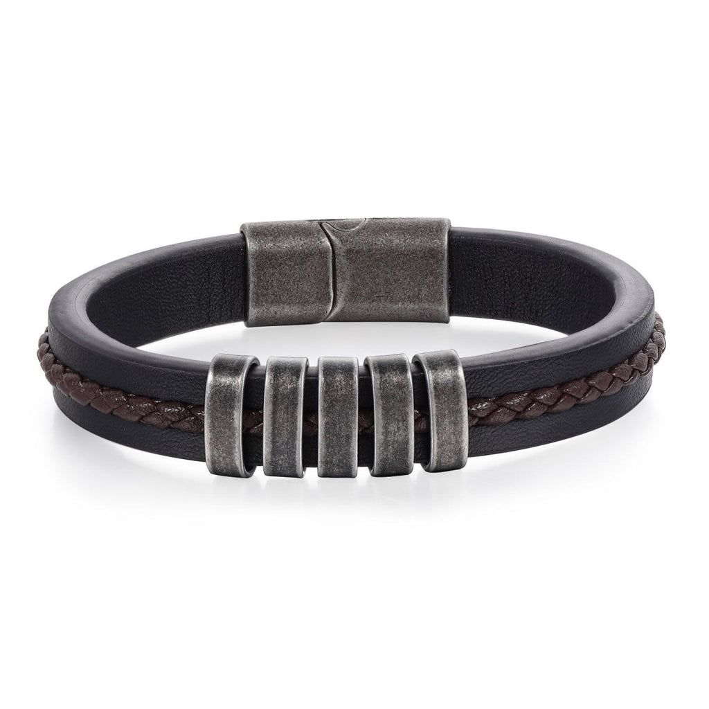 Vintage leather and steel bracelet for men, personalized name tags, classic design, perfect gift.
