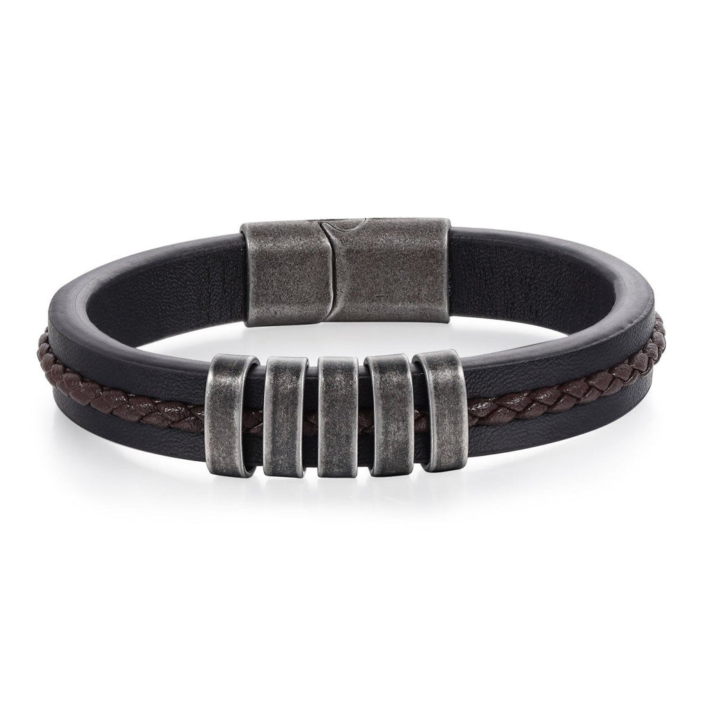 Vintage Leather and Steel Name tags Bracelet for Men - Engraved Memories