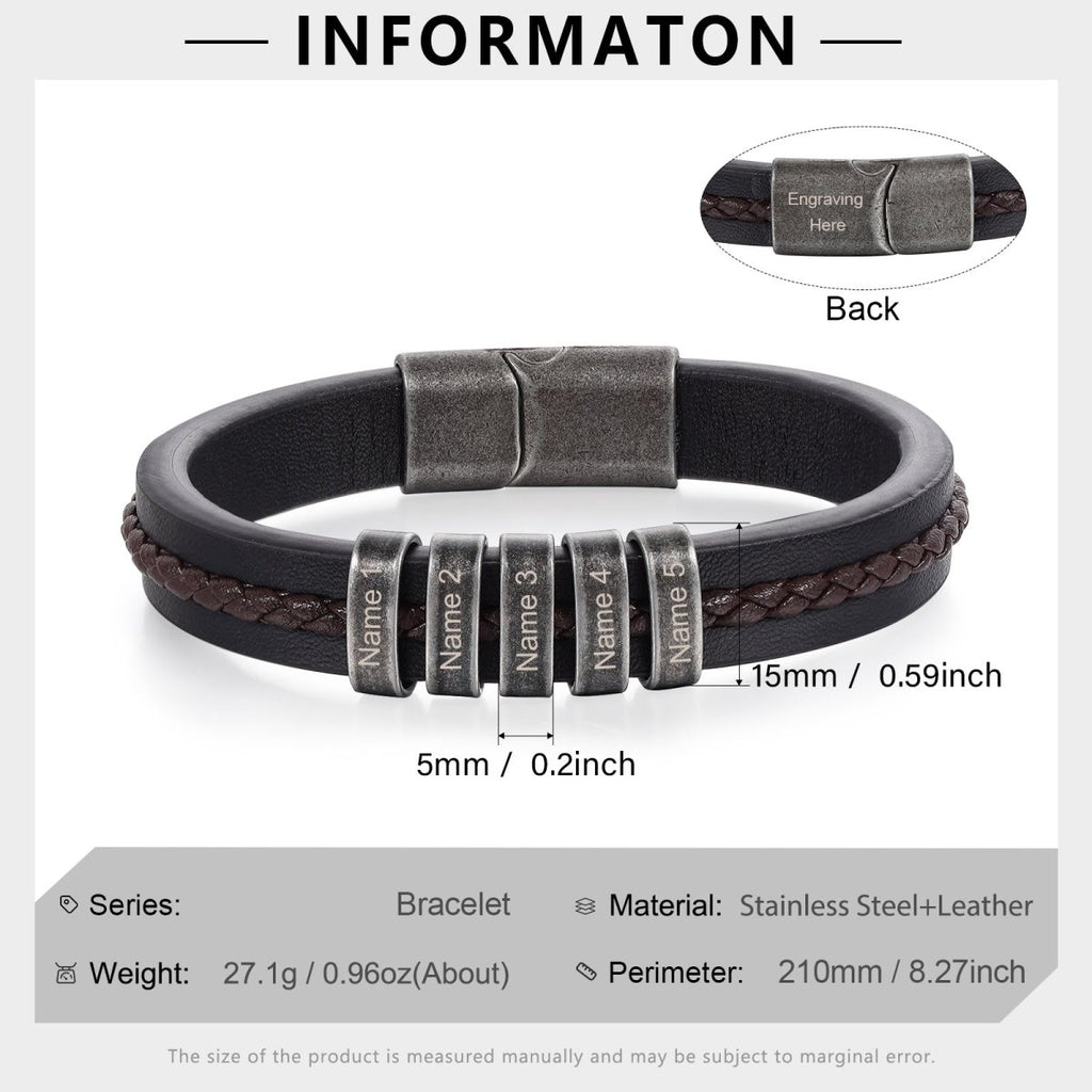 Vintage leather and steel bracelet for men, personalized name tags, classic design, perfect gift.