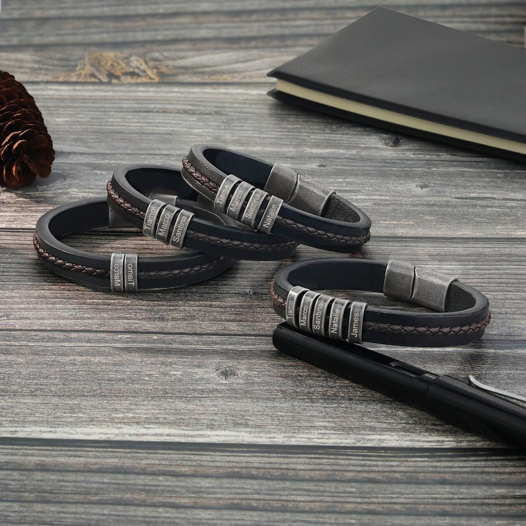 Vintage leather and steel bracelet for men, personalized name tags, classic design, perfect gift.