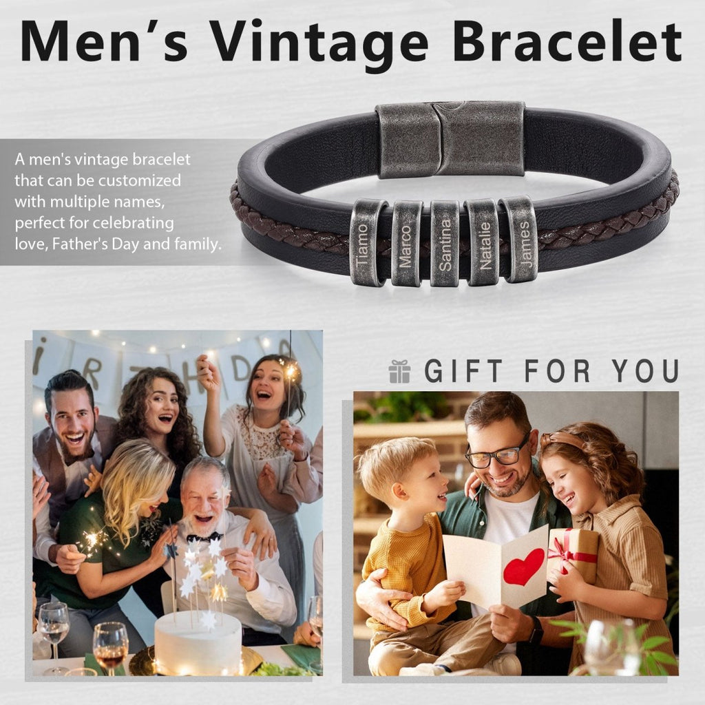 Vintage leather and steel bracelet for men, personalized name tags, classic design, perfect gift.