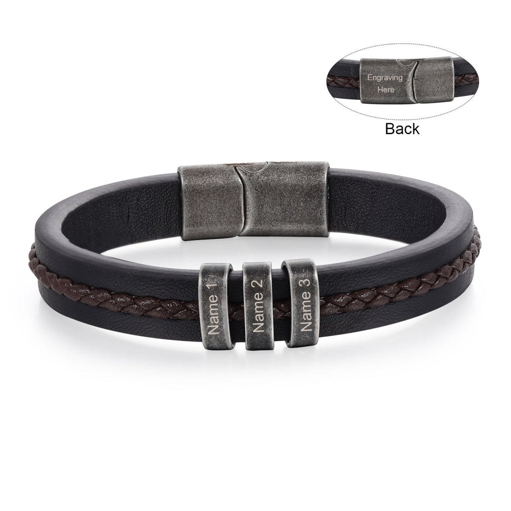 Vintage Leather and Steel Name tags Bracelet for Men - Engraved Memories