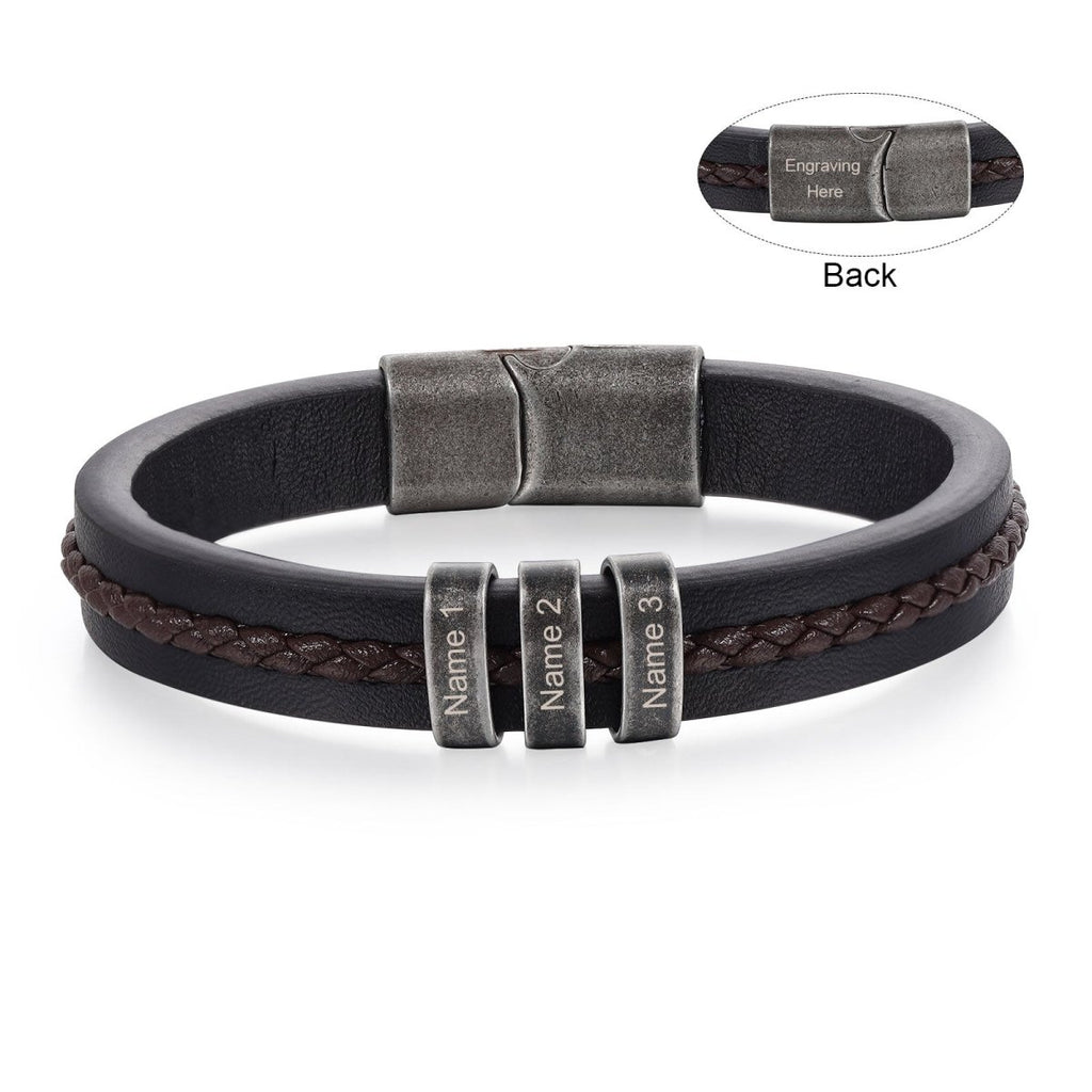 Vintage leather and steel bracelet for men, personalized name tags, classic design, perfect gift.