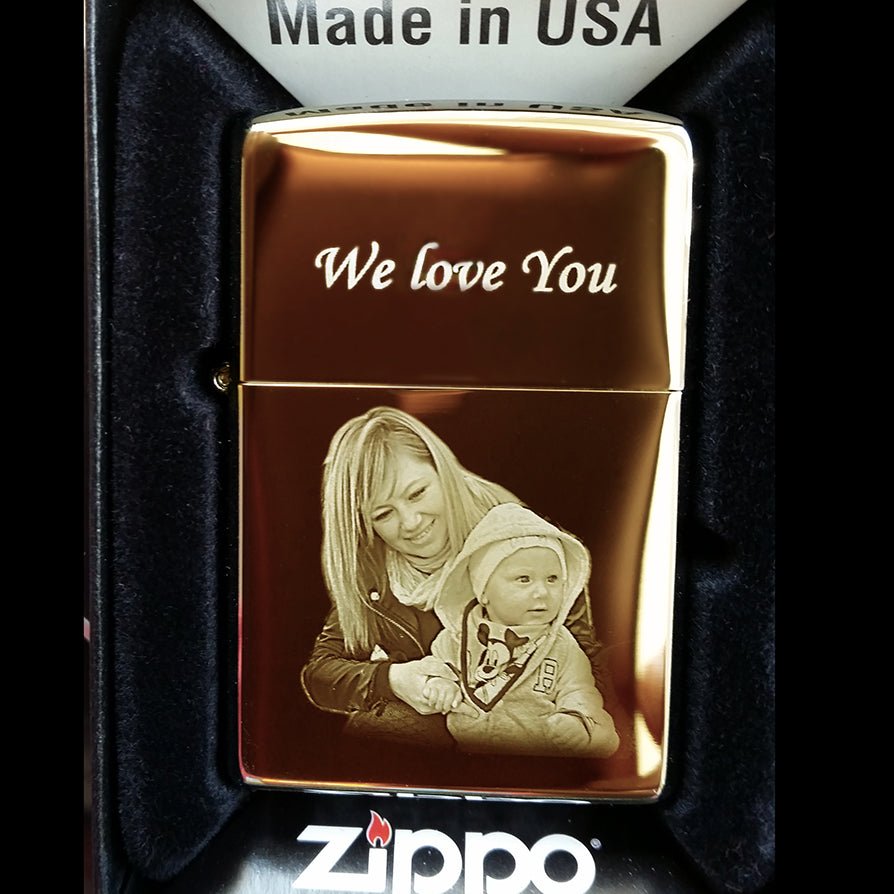 Zippo Lighter Photo & Text Engraved Solid Brass - Genuine brass Zippo lighter, custom engraved with photo/text, perfect Father’s Day or Best Man gift.Engraved Memories