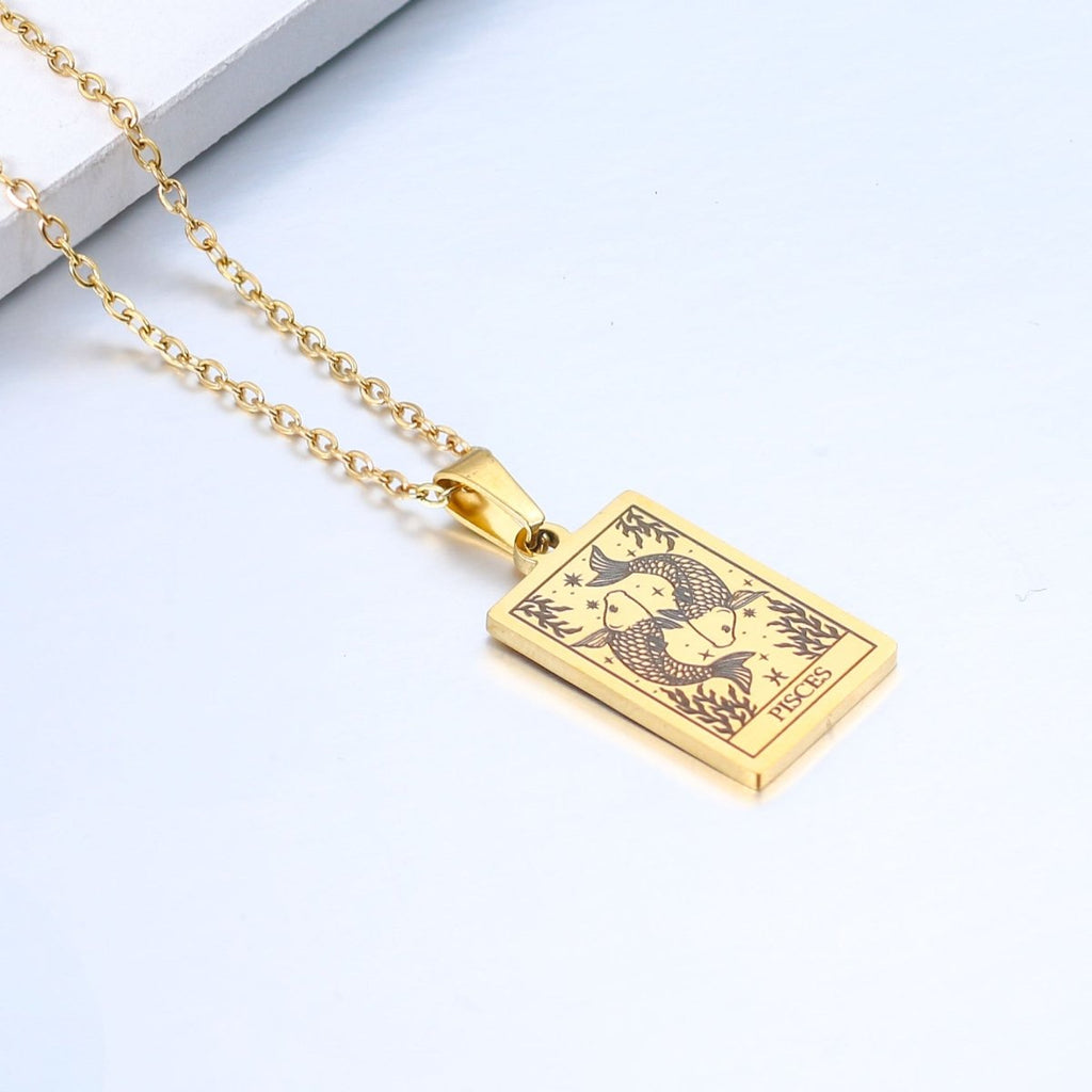 Zodiac sign necklace with tarot card design, personalized option, gold or silver-plated stainless steel.