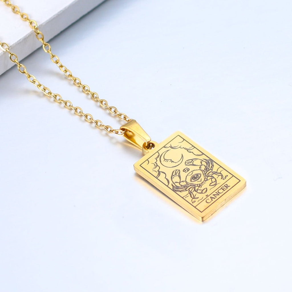 Zodiac sign necklace with tarot card design, personalized option, gold or silver-plated stainless steel.