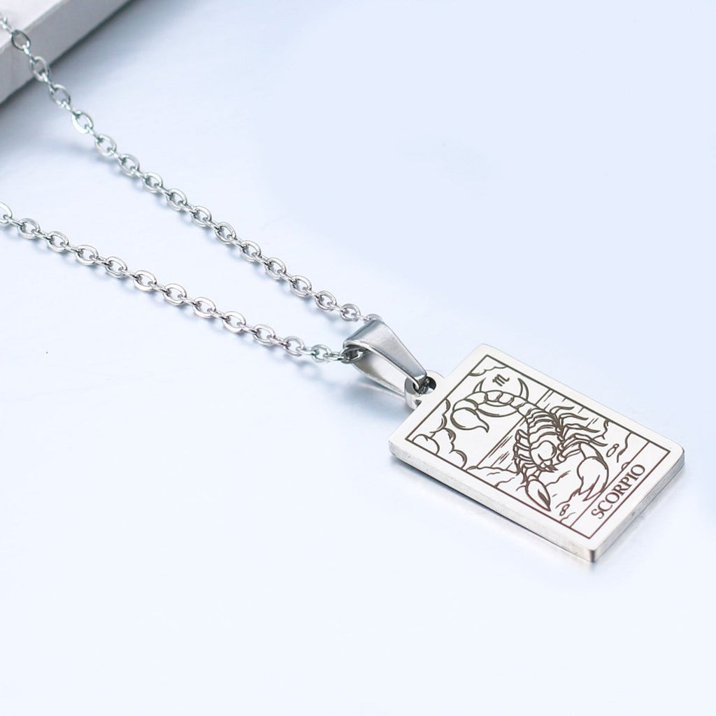 Zodiac sign necklace with tarot card design, personalized option, gold or silver-plated stainless steel.