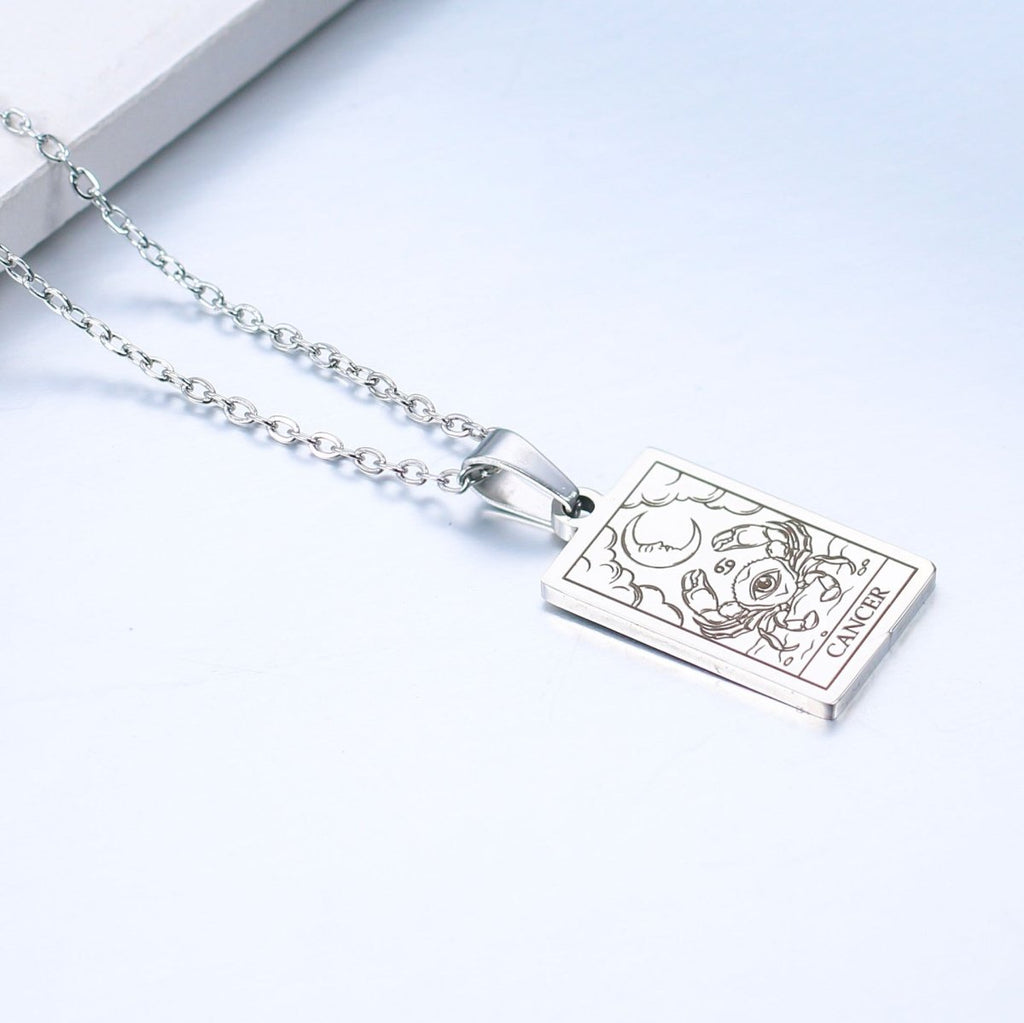 Zodiac sign necklace with tarot card design, personalized option, gold or silver-plated stainless steel.