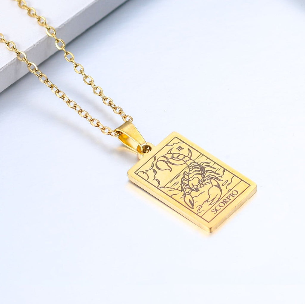 Zodiac sign necklace with tarot card design, personalized option, gold or silver-plated stainless steel.