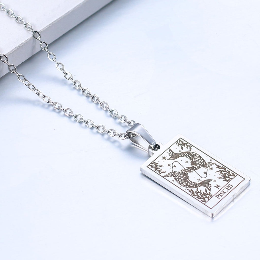 Zodiac sign necklace with tarot card design, personalized option, gold or silver-plated stainless steel.
