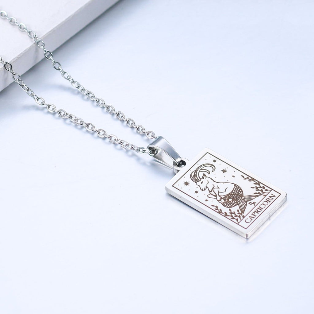 Zodiac sign necklace with tarot card design, personalized option, gold or silver-plated stainless steel.