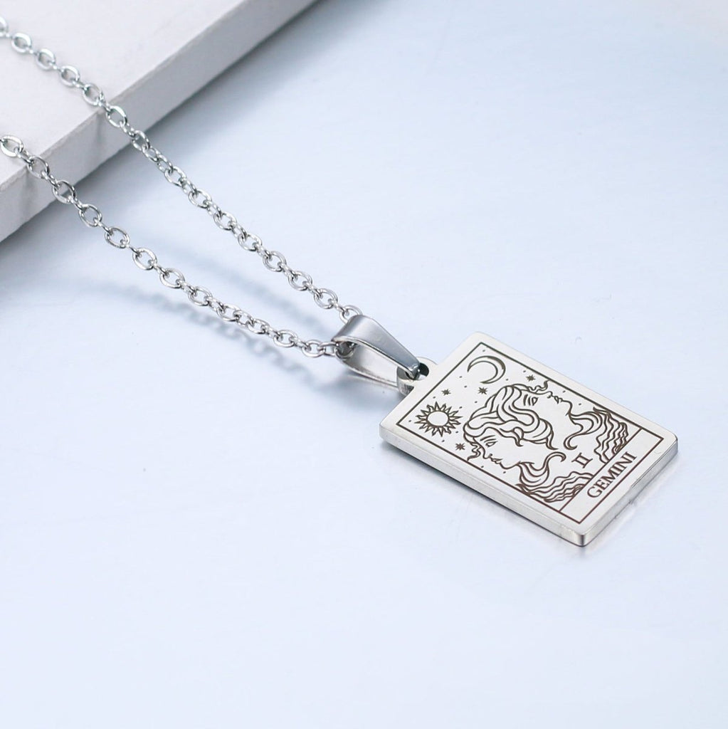 Zodiac sign necklace with tarot card design, personalized option, gold or silver-plated stainless steel.