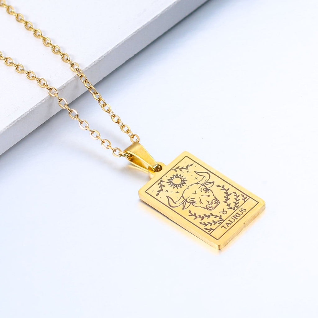 Zodiac sign necklace with tarot card design, personalized option, gold or silver-plated stainless steel.