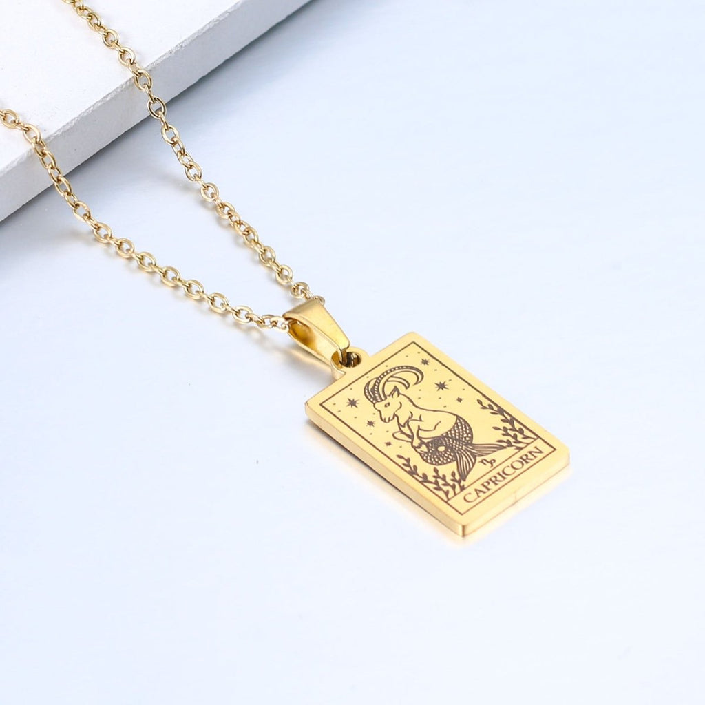 Zodiac sign necklace with tarot card design, personalized option, gold or silver-plated stainless steel.