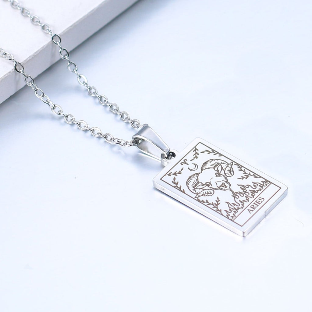 Zodiac sign necklace with tarot card design, personalized option, gold or silver-plated stainless steel.