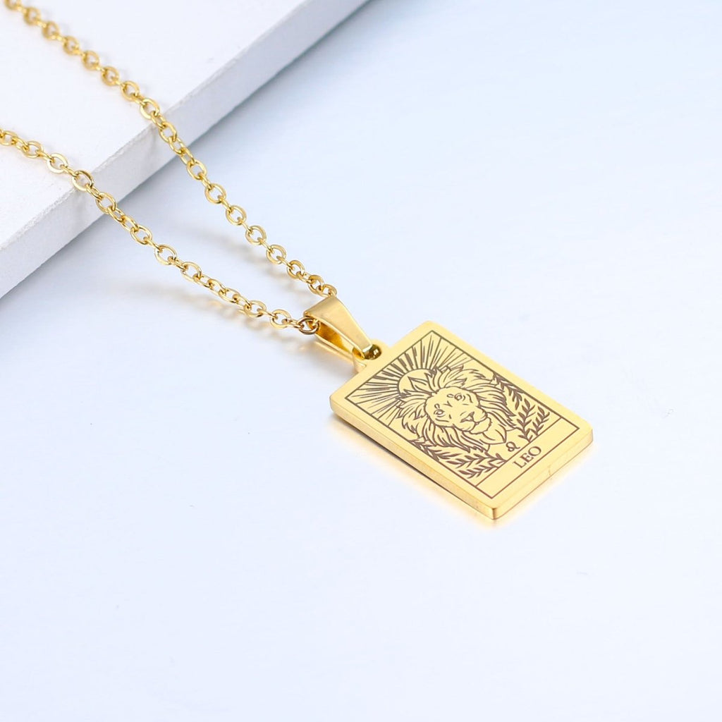 Zodiac sign necklace with tarot card design, personalized option, gold or silver-plated stainless steel.
