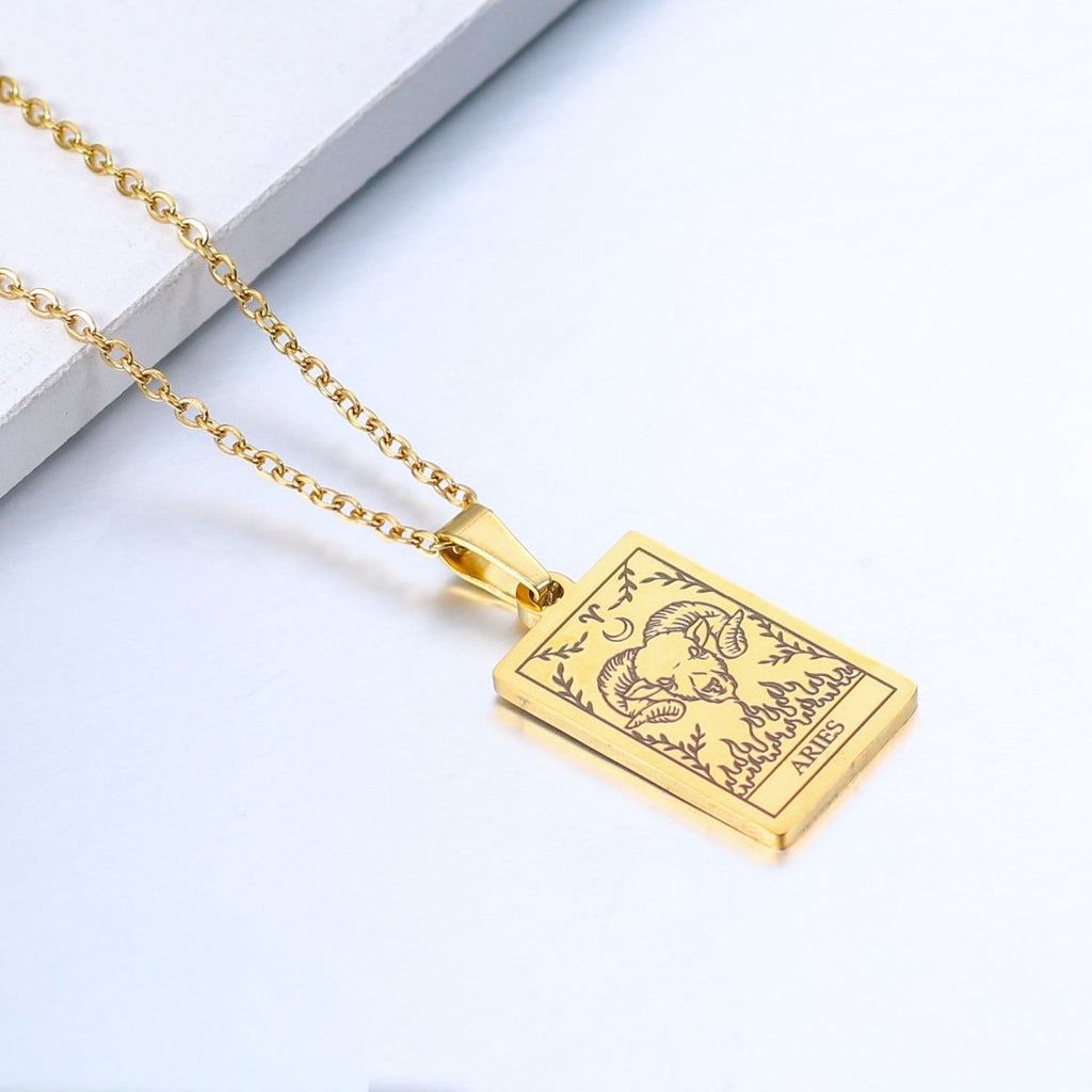 Zodiac sign necklace with tarot card design, personalized option, gold or silver-plated stainless steel.