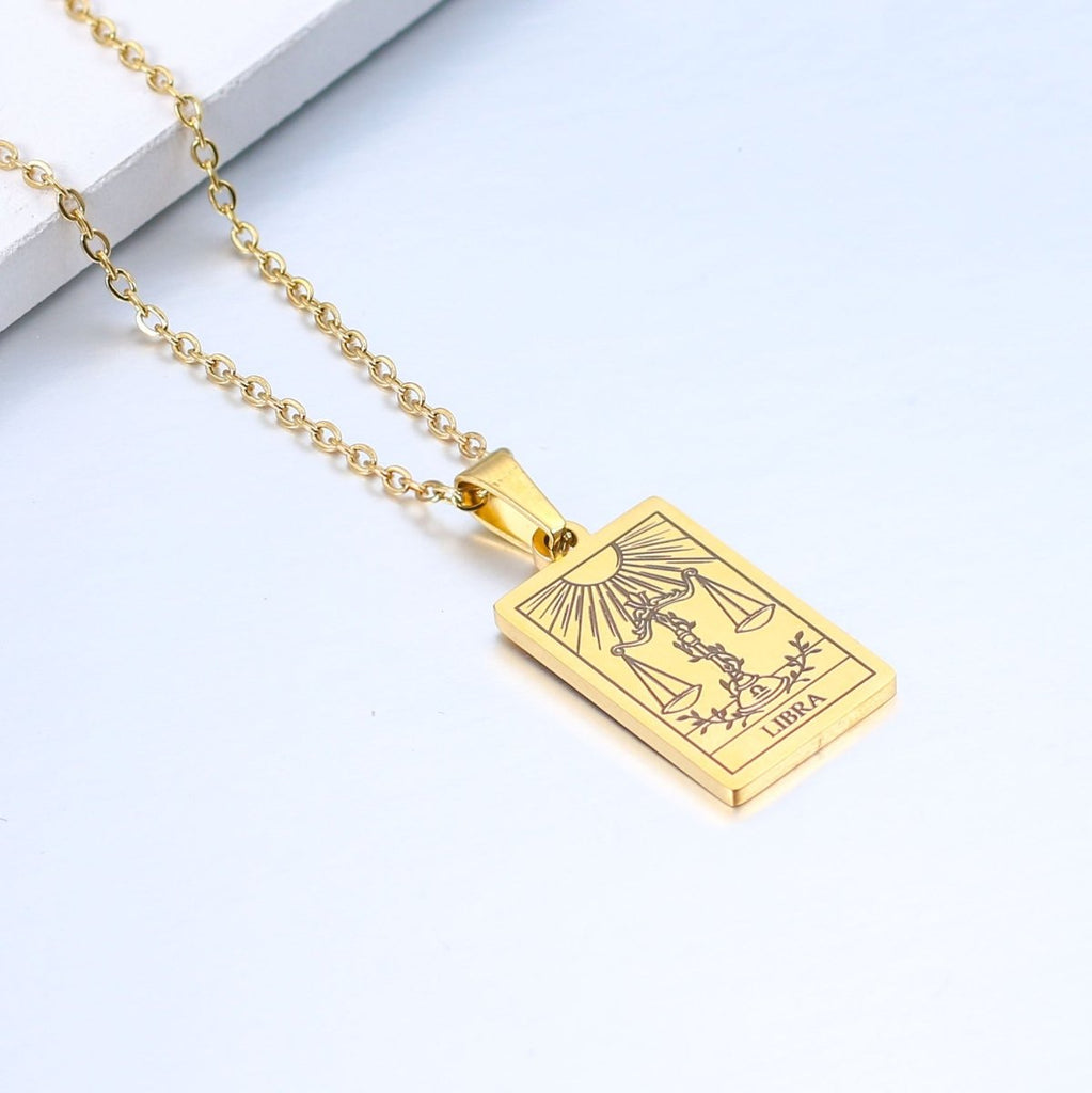 Zodiac sign necklace with tarot card design, personalized option, gold or silver-plated stainless steel.