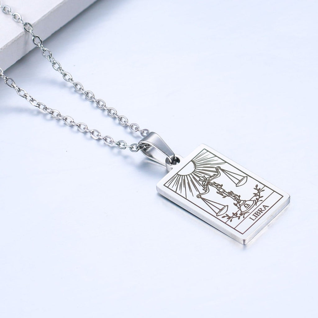 Zodiac sign necklace with tarot card design, personalized option, gold or silver-plated stainless steel.