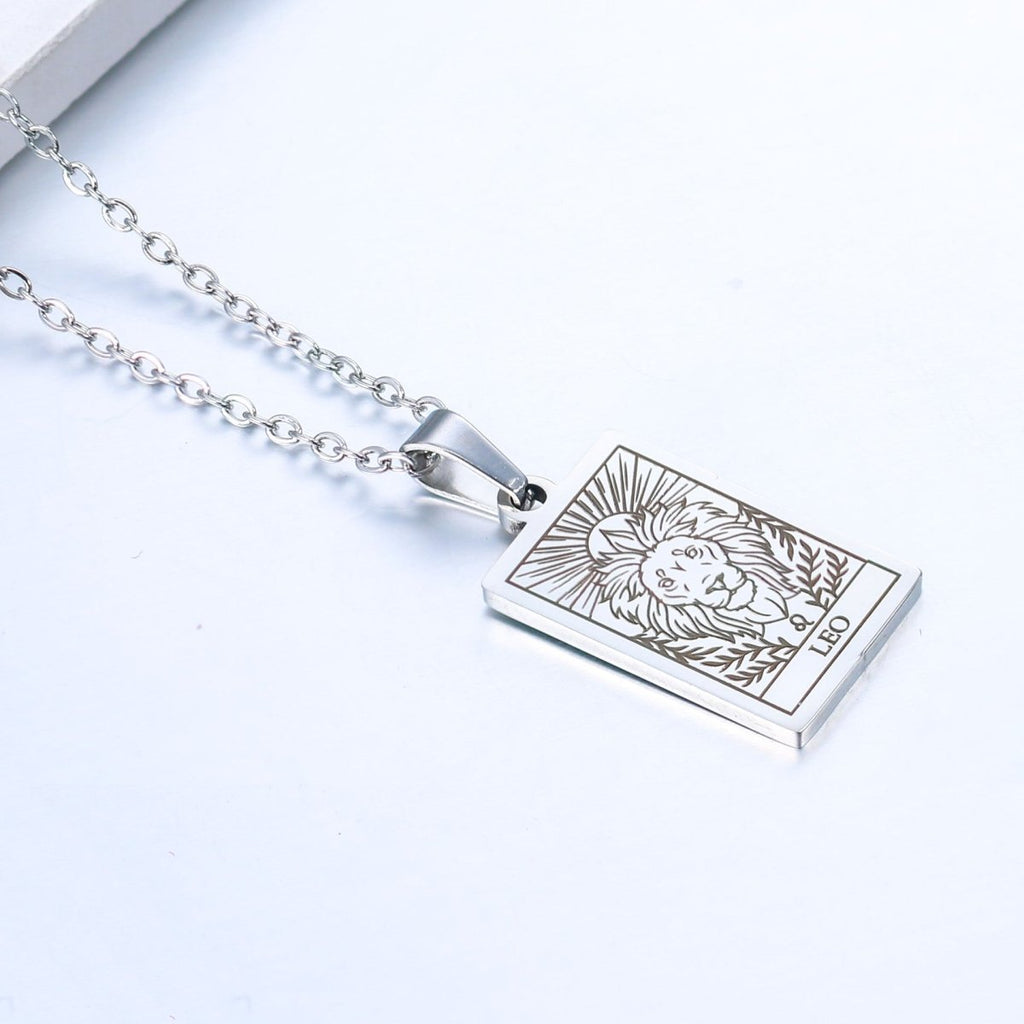 Zodiac sign necklace with tarot card design, personalized option, gold or silver-plated stainless steel.