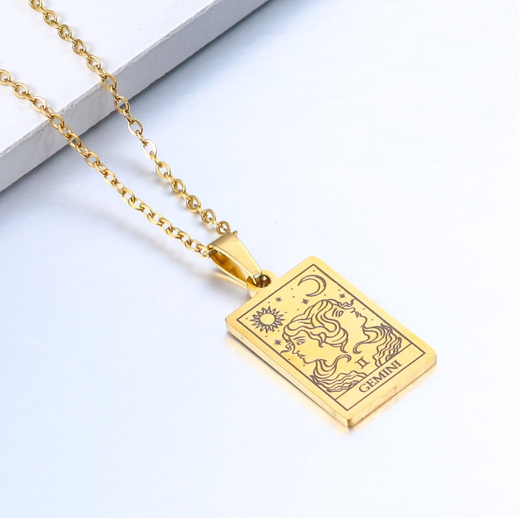Zodiac sign necklace with tarot card design, personalized option, gold or silver-plated stainless steel.