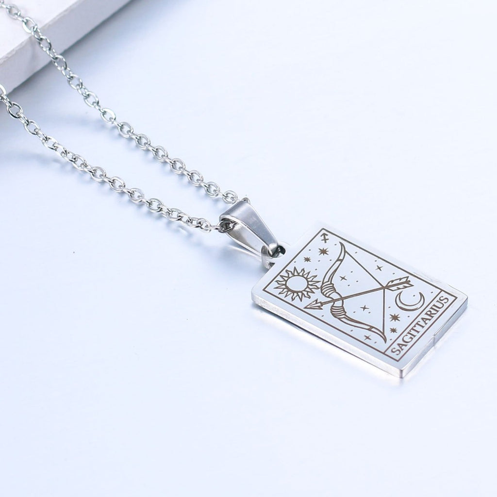 Zodiac sign necklace with tarot card design, personalized option, gold or silver-plated stainless steel.