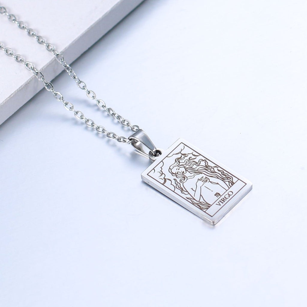 Zodiac sign necklace with tarot card design, personalized option, gold or silver-plated stainless steel.