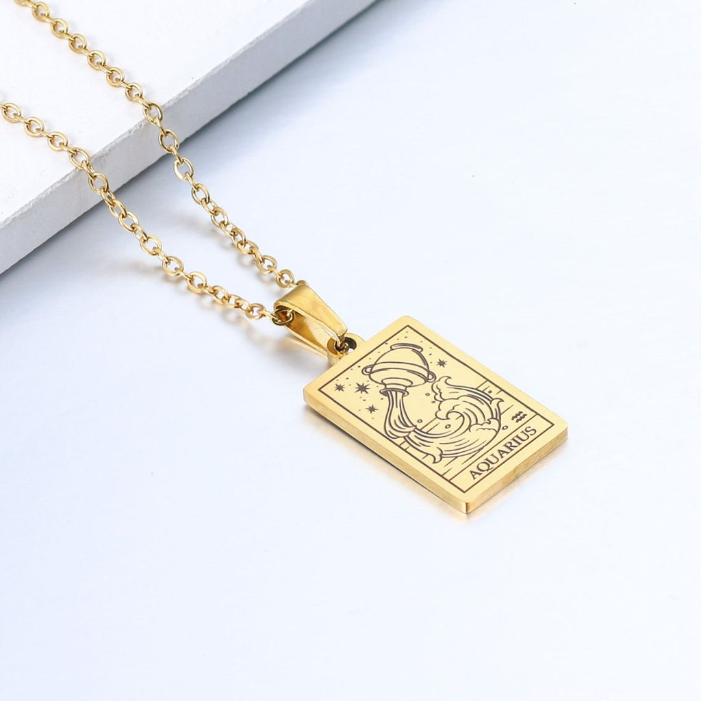 Zodiac sign necklace with tarot card design, personalized option, gold or silver-plated stainless steel.