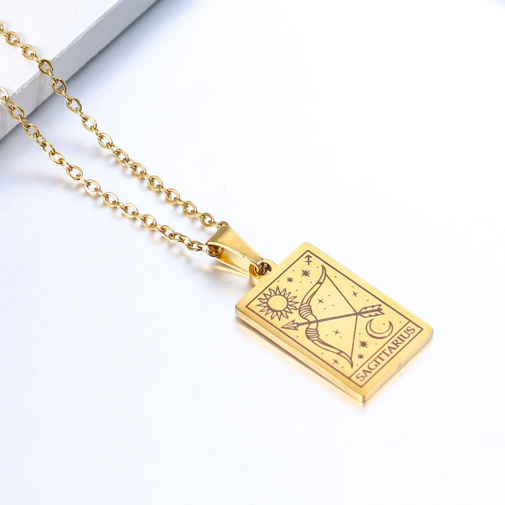 Zodiac sign necklace with tarot card design, personalized option, gold or silver-plated stainless steel.